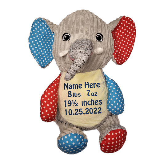 Elephant stuffed animal with custom embroidery 