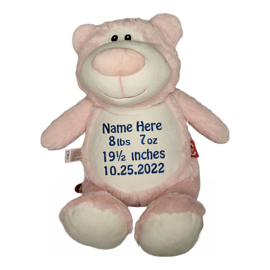 Stuffed Animal Pinky the Bear with removable washable outer plush material for easy washing from the Sunflower Gals